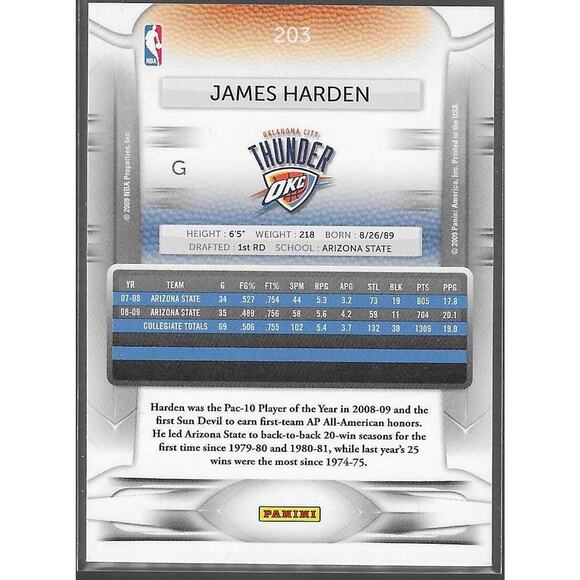 2009 Panini Prestige James Harden Rookie RC Card #203 THUNDER ROCKETS NETS - Picture 2 of 2